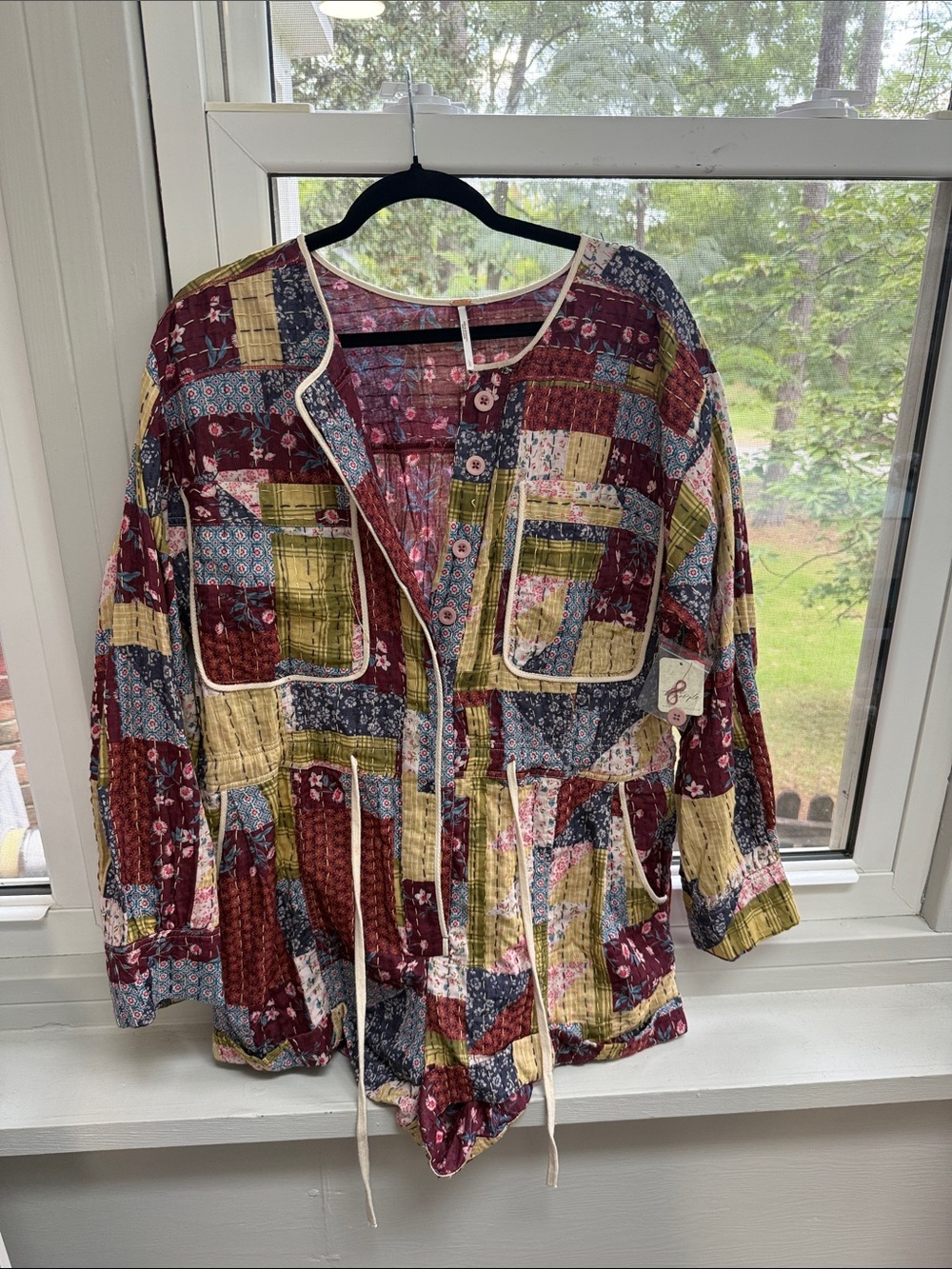 Free People Quilted Kantha Patchwork Jumpsuit Romper in Burgundy Multi Sz. LG